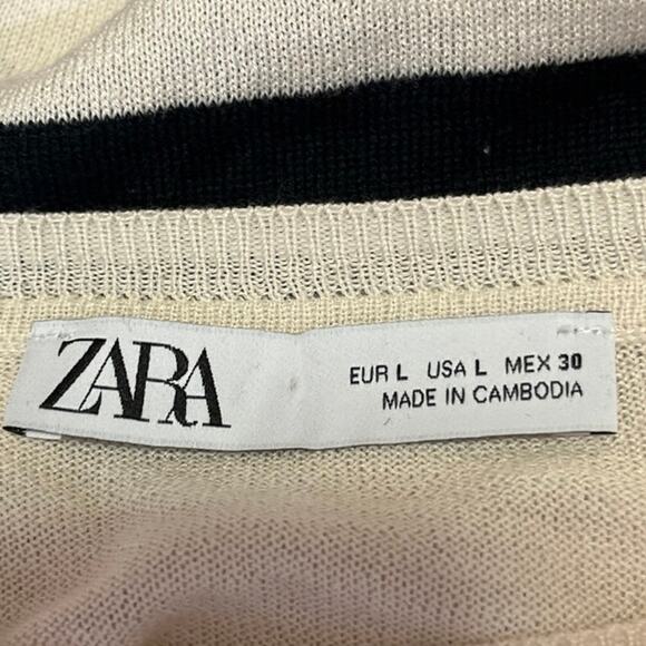 Zara White Black White Striped Knit Boat Neck Long Sleeve Pullover Sweater Top L - Picture 3 of 4